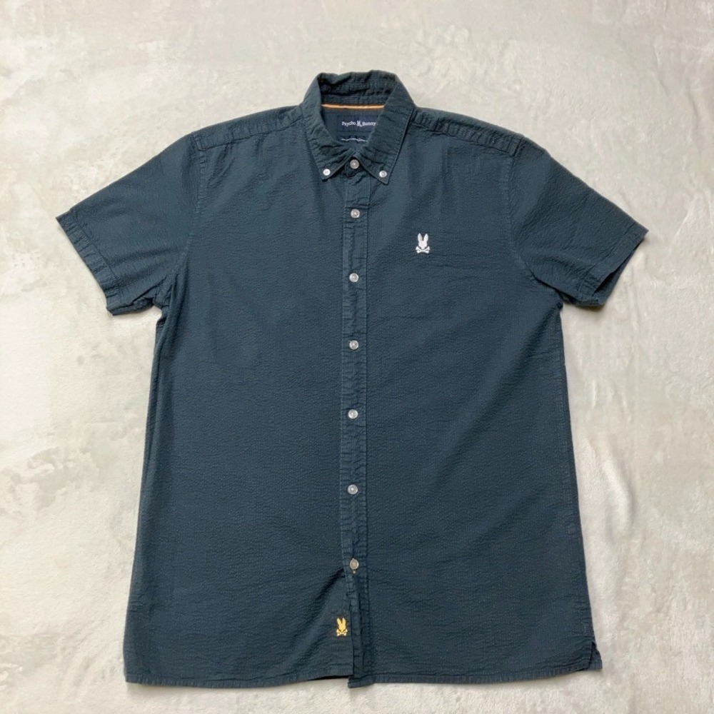 Psycho Bunny Alton Seersucker Short Sleeve Button Down Logo Navy Blue Mens Small